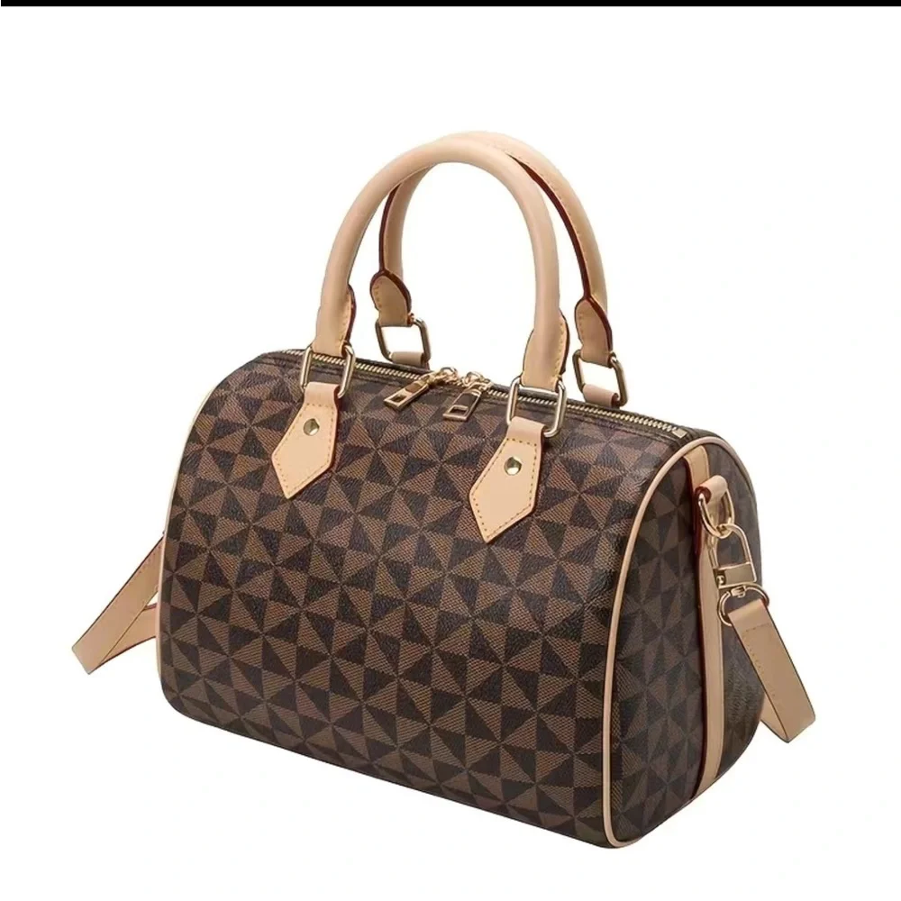 New! Beautiful Brown Geometric Boston Bag Crossbody Satchel Handbag Purse